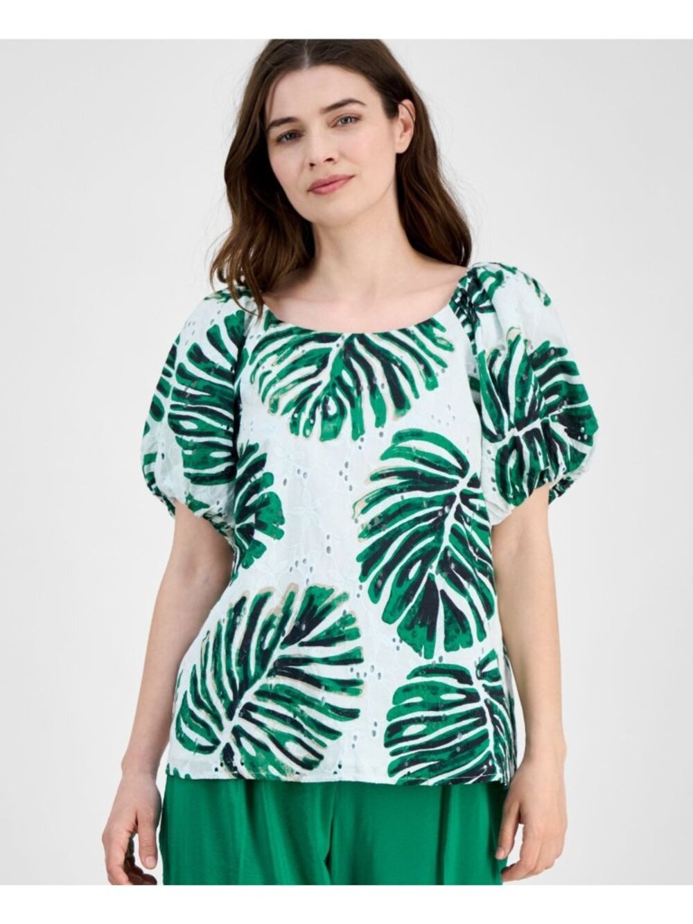 Anne Klein Women 100% Cotton Eyelet-Embroidered Leaf-Print Top Green Size M $99